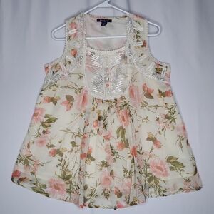 Vtg Babydoll Top Womens 12W Pink Floral Lace Chiffon Bib Square Country Coquette